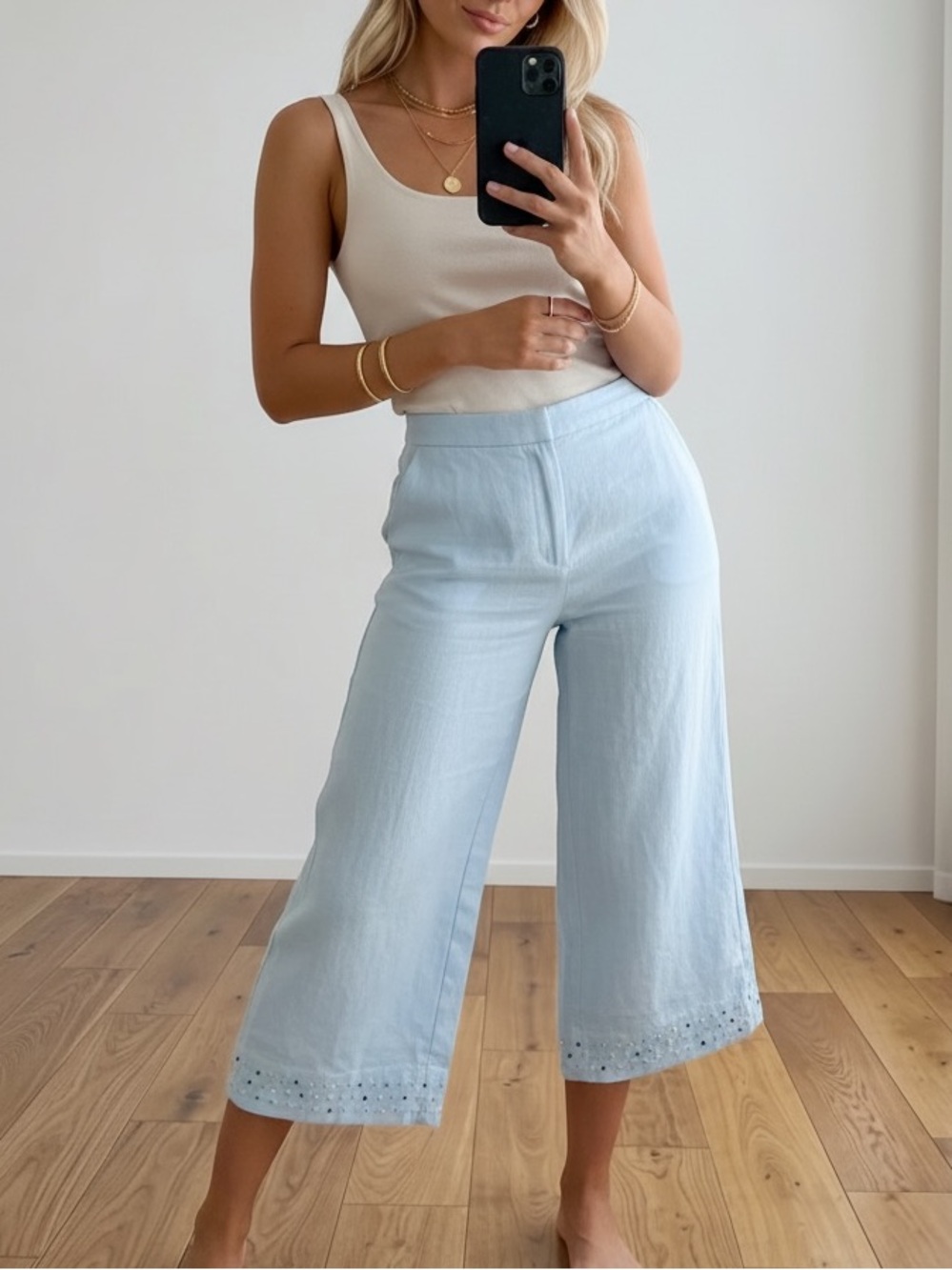 Promod Dusty Blue Linen Wide Leg Pants Beaded Crystal Hem Boho Trousers